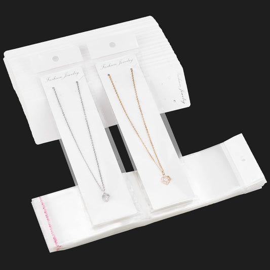 PH PandaHall 100pcs Necklace Display Card Set Cardboard Paper Cards White Rectangle Display Tags with Self Adhesive Bags Self-Sealing OPP Bags for Necklace Earring Jewelry Display