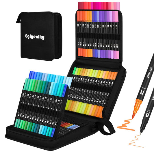 Eglyenlky Dual Brush Pens, Markers Adult Coloring Book,100 Colors Art Pens with Fine Point Markers and Brush Tip for Adult Kids Drawing (Black Set)