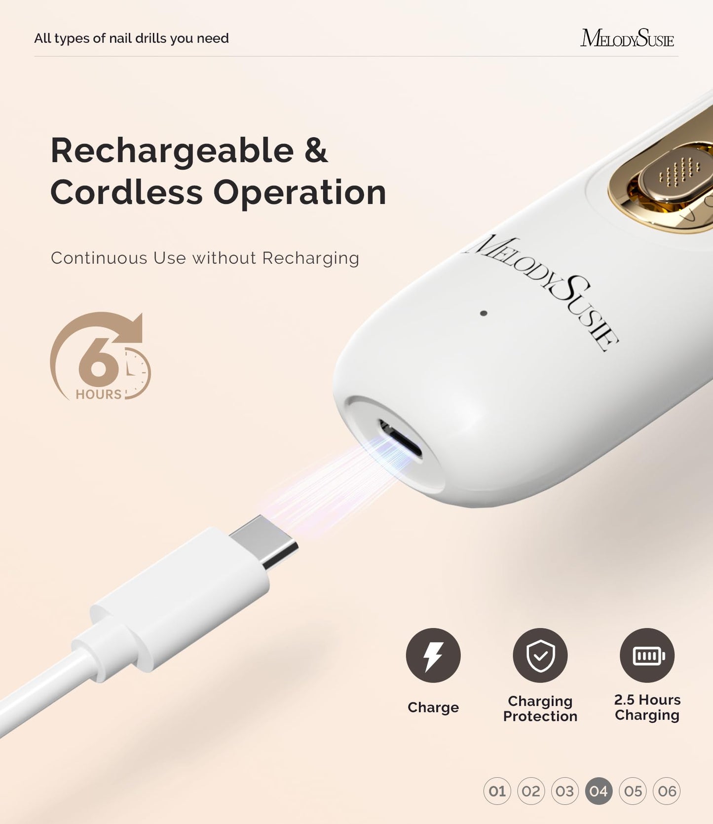 MelodySusie Cordless Pedicure & Manicure Nail Drill Kit, PC760G for Salon-Quality Foot Care for Home & Travel, Rechargeable with 5 Speeds, 8-in-1 Bits, 360° LED Light & Anti-Dust Shield, White