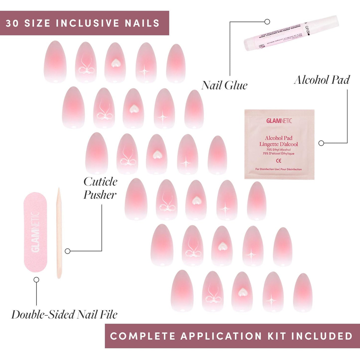 Glamnetic Press-On Nails - Lovers Knot | Super Strong Brush On Nail Glue & Press-On Nail Remover | Short Almond Nude Fake Nails with Bow Accents | 15 Sizes - 30 Nail Kit with Glue and Remover