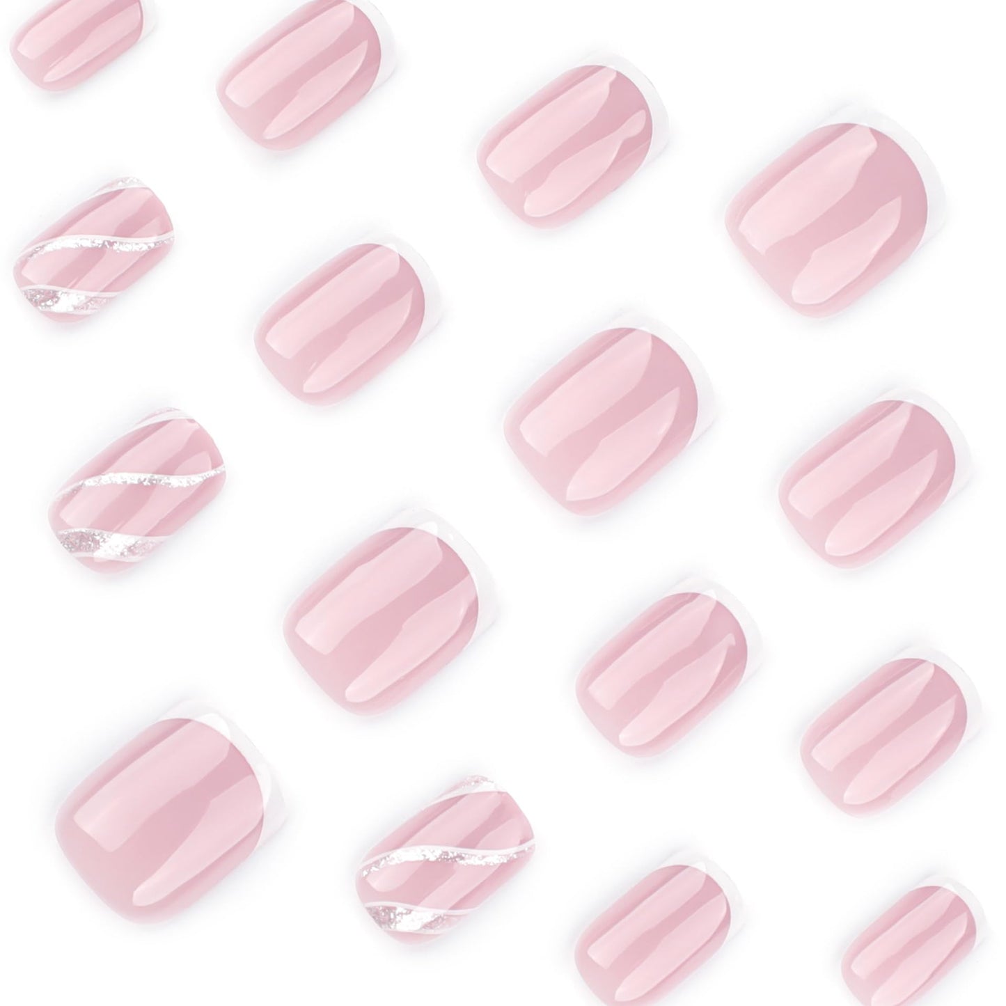 Rilafuvu Press on Nails Short Square Fake Nails Nude White French Tip Press ones Acrylic Nails with Stripe Designs Glitter False Nails Nude Reusable Stick on Nail for Women 24pcs