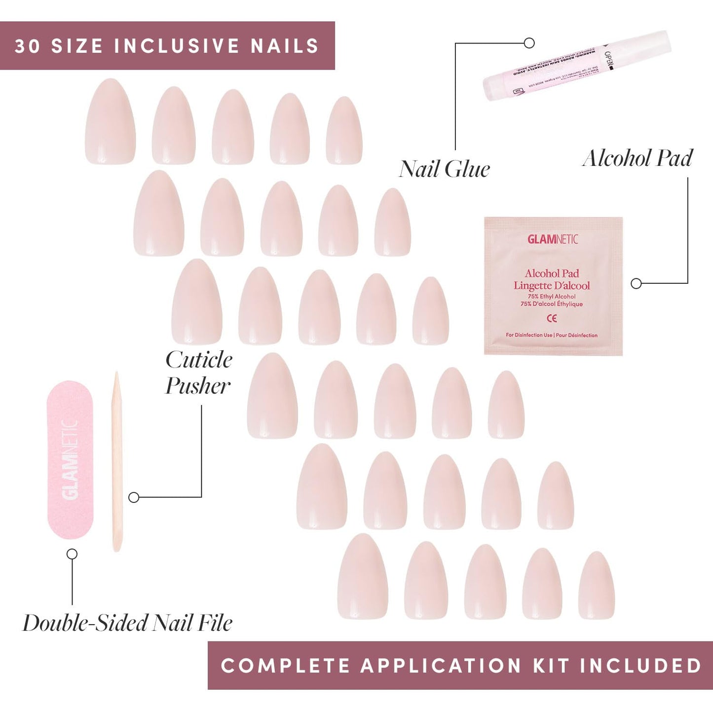 Glamnetic Press-On Nails - Ballet Pink | Opaque Light Blush Pink Short Almond False Nails | 15 Sizes - 30 Nail Kit with Glue and Remover