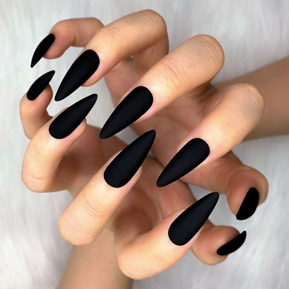 Morily Press-On Nails Bundle | Black Stiletto Matte & Wine Red Stiletto Matte | 24Pcs Each Set, Medium Length Long False Fake Nails