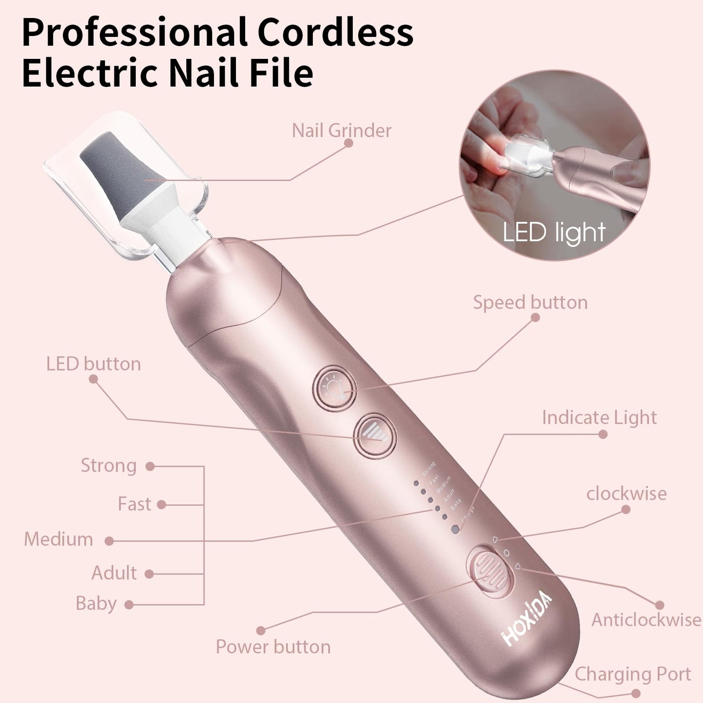 Manicure Pedicure Kit with Case, Professional Nail Grinder for Senior Thick Toenail, Cordless Electric Nail File, 5 Speeds Pedicure Tools for feet Callus Remover, Nail Drill for Women Hand Feet Care
