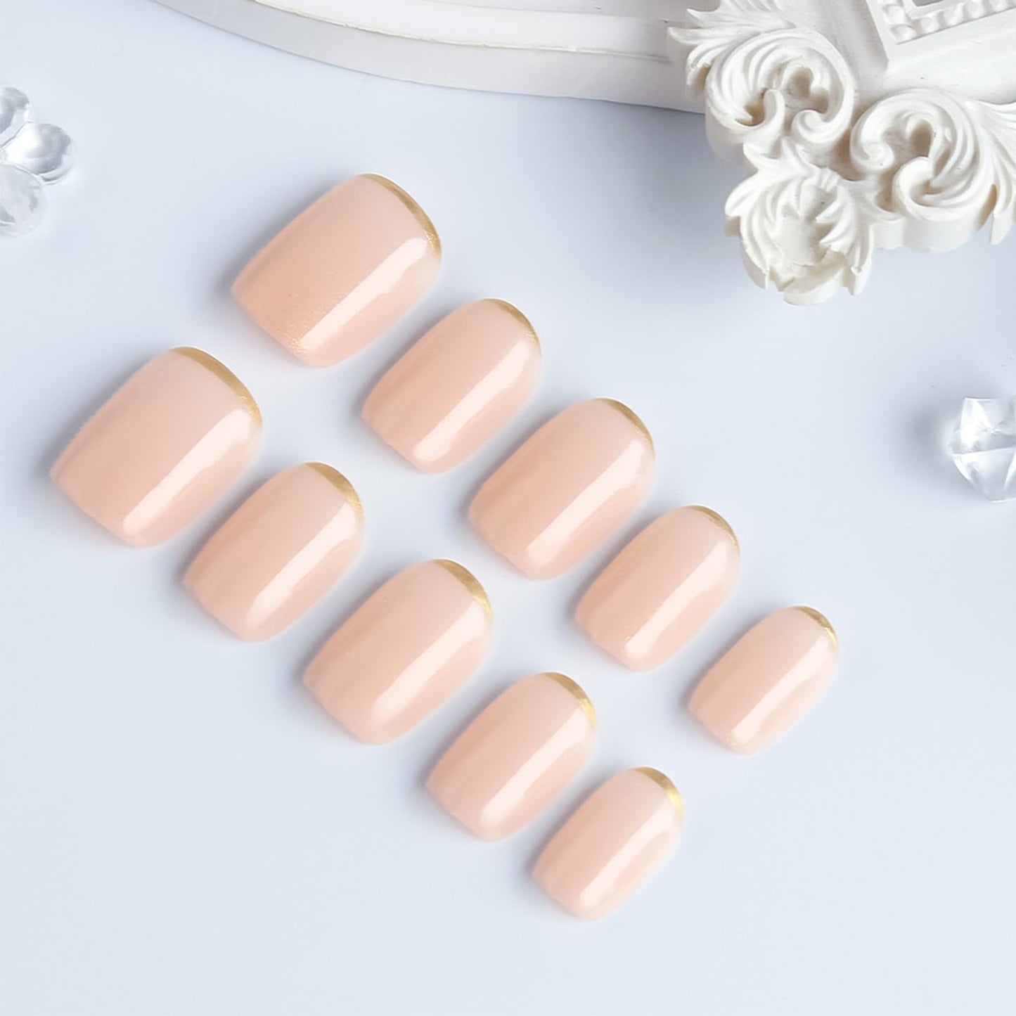 Short Square Press on Nails with Minimalist Design Glossy Gold Glitter Fake Nail French Tips False Nails Casual Glue on Artificial Fingernails Nude Pink Full Cover Stick on Nail for Women Daily Wear