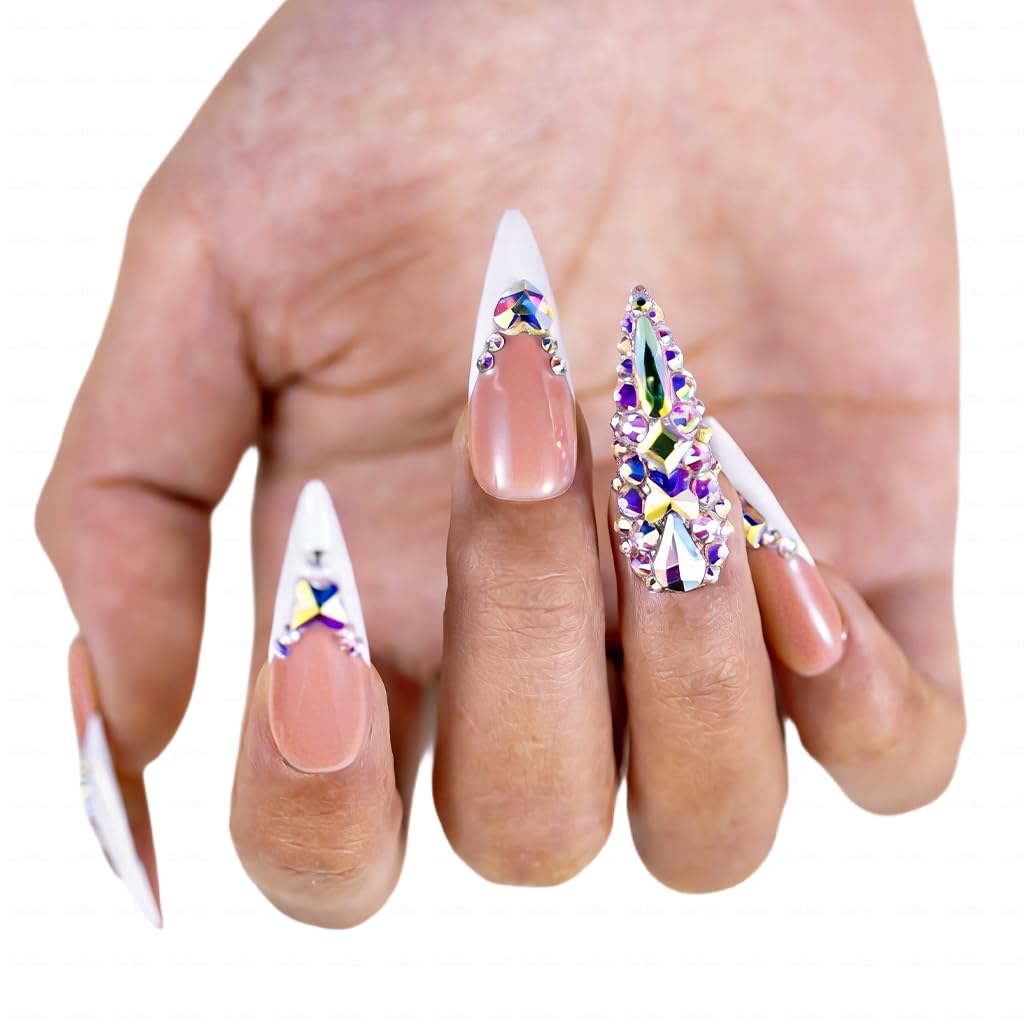 IntoVibes 10 Pieces Handmade Long Almond Press On Nails, White Thickened French False Nails With Rhinestone Decorate, Reusable Fake Nails Almond, Reusable Acrylic Nails (S)