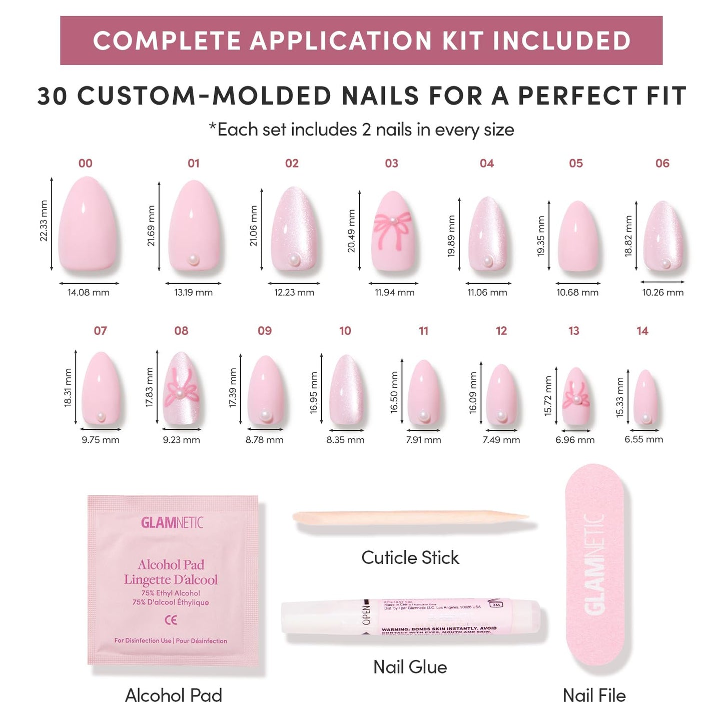Glamnetic Press On Nails - Love Knot Spring Nails | Short Almond Fake Nails with 3D Pearls, Ribbon Bow Designs in a mix of Velvet & Glossy Finishes | 15 Sizes - 30 Nail Kit with Glue