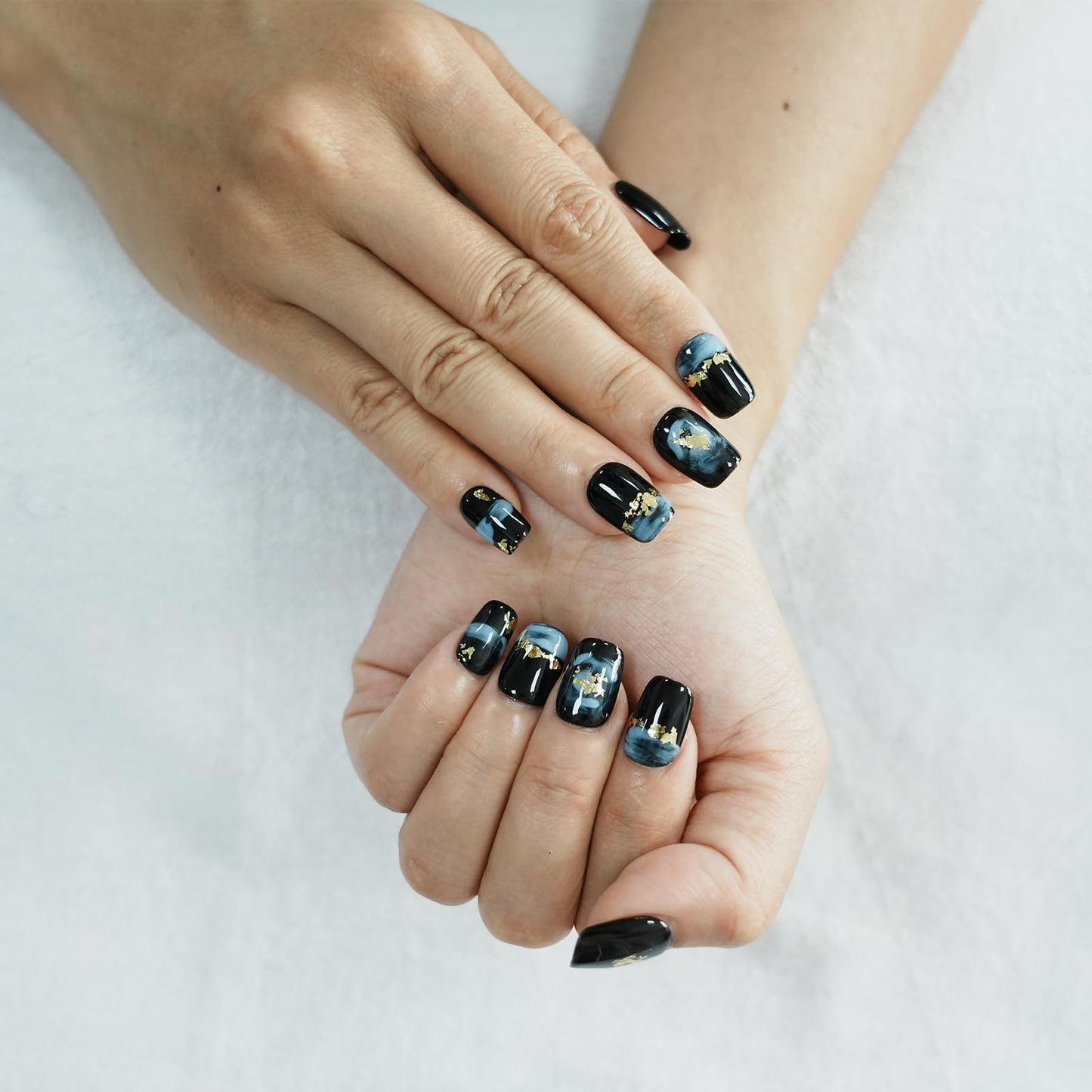 Tesytto Short Coffin Press on Nails - Handmade Black Fake Nails with Blue Ombre Glitter Gold Foil Design, High Gloss Acrylic Nails for Women, Party, Daily Wear (Playful Doodle,L)