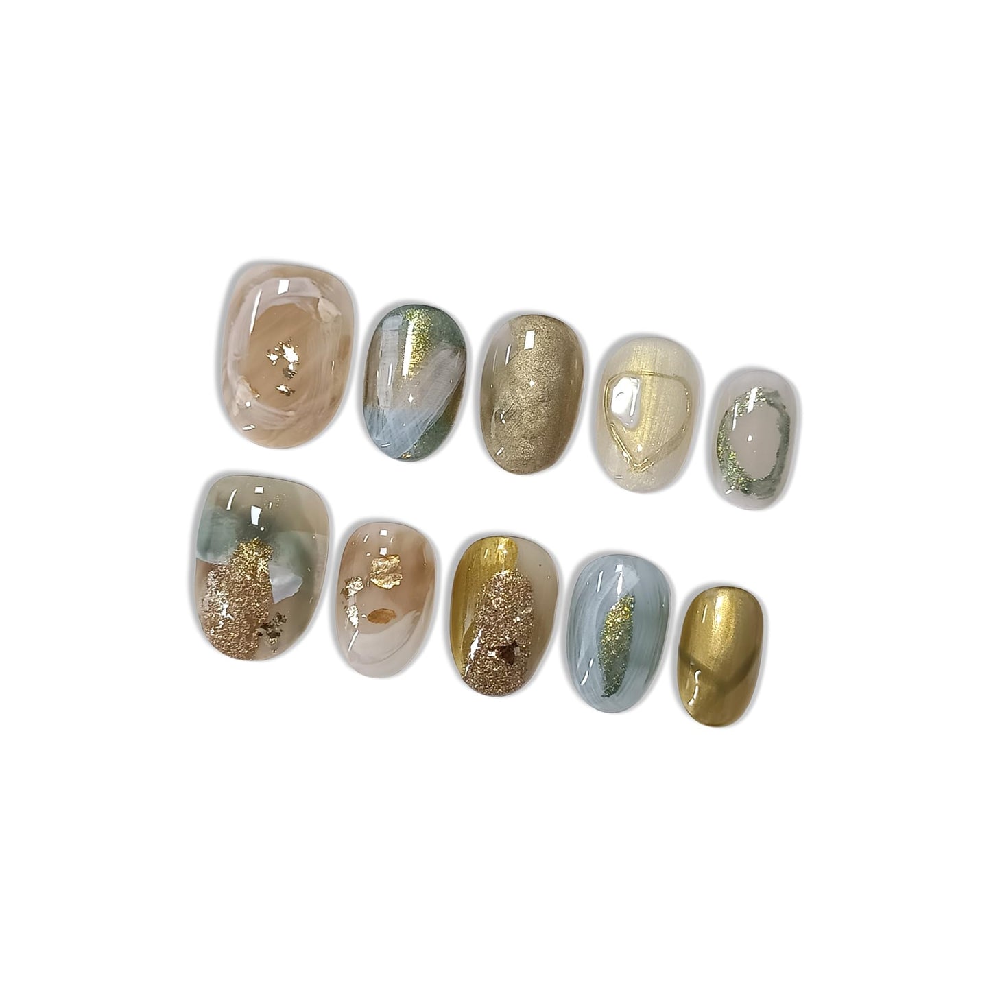 Hantyer Golden Ombre Press on Nails with 3D Glitter Flakes & Gold Foil, Short Oval Glossy Soft Glam Fake Nails, Reusable Elegant False Nails for Women Fall Winter Season Party, Size M
