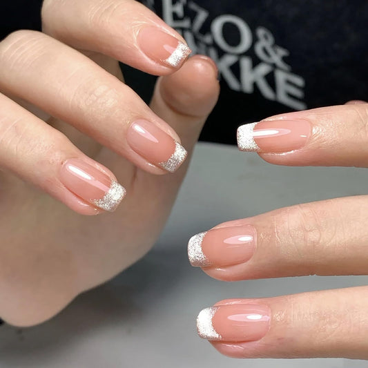 Medium Square Press on Nails Gold Glitter French Tip Fake Nails Nude Pink Nails Press ons Acrylic False Glossy Artificial Full Cover Stick on Nails for Women Girls 24 Pcs