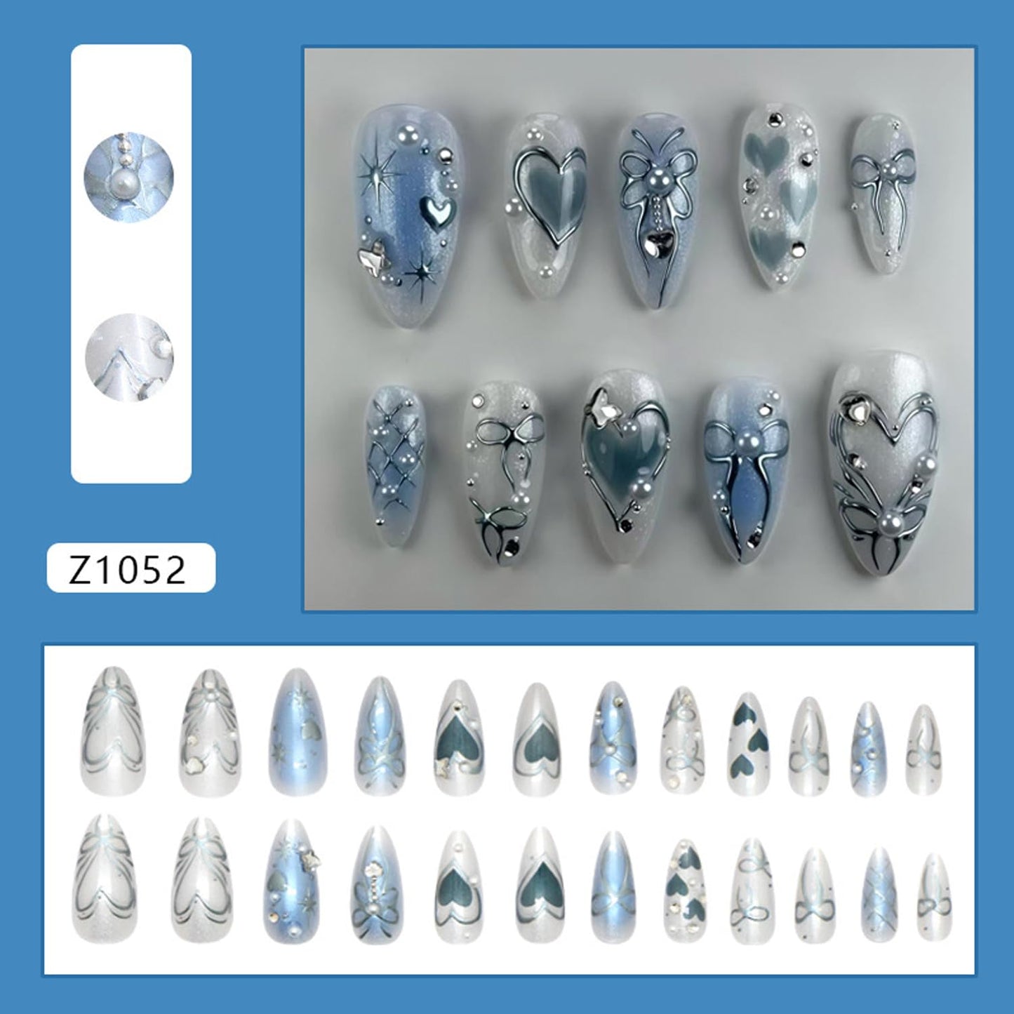 24Pcs Y2k Almond Fake Nail Medium Press on Nails with Blue Love Heart Silver Bow Butterfly Design French Press On Nail Flash Full Cover Artificial Glue on Nails Pearl Rhinestones Nails for Women