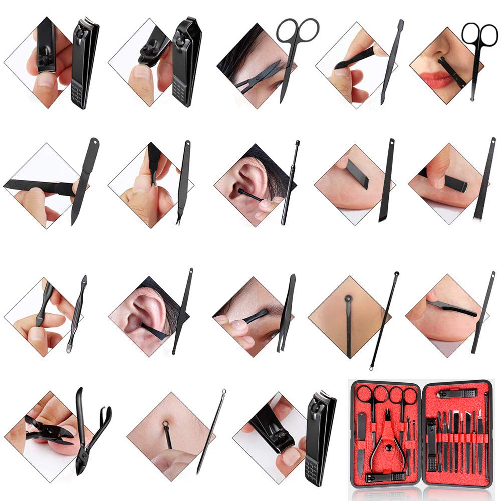 Manicure Pedicure Kit Nail Clippers Set 18 in 1 High Precision Stainless Steel Cutter File Sharp Scissors for Men & Women Fingernails & Toenails Vibrissac Scissors with Stylish Case (Red_18in1)