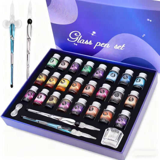 ASXMA Glass Dipped Pen Ink Set Handmade Crystal Calligraphy Pen with 24Colorful india ink for Art, Signatures, Drawing, Decoration, Caligraphy Kits for Beginners