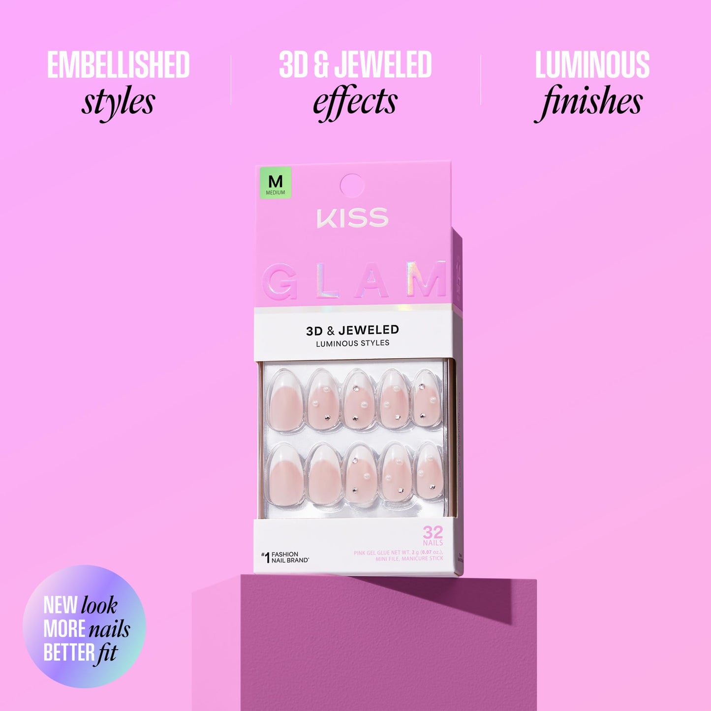 Kiss Glam, Press On Nails, Nail glue included, 'Serendipity Awaits', White, Medium Size, Almond Shape, Includes 32 Nails, 2g Glue, 1 Manicure Stick, 1 Mini File