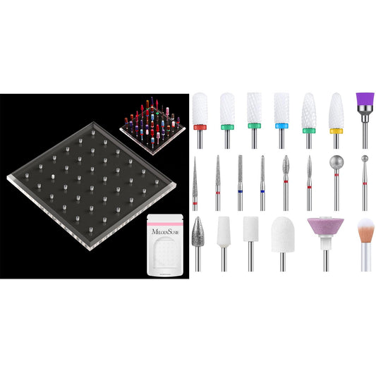 MelodySusie Nail Drill Bits Holder with 36 Holes and 21pcs Nail Drill Bit Set, Professional 3/32'' Ceramic Diamond Carbide Acrylic Gel Nail Art Tool Kit