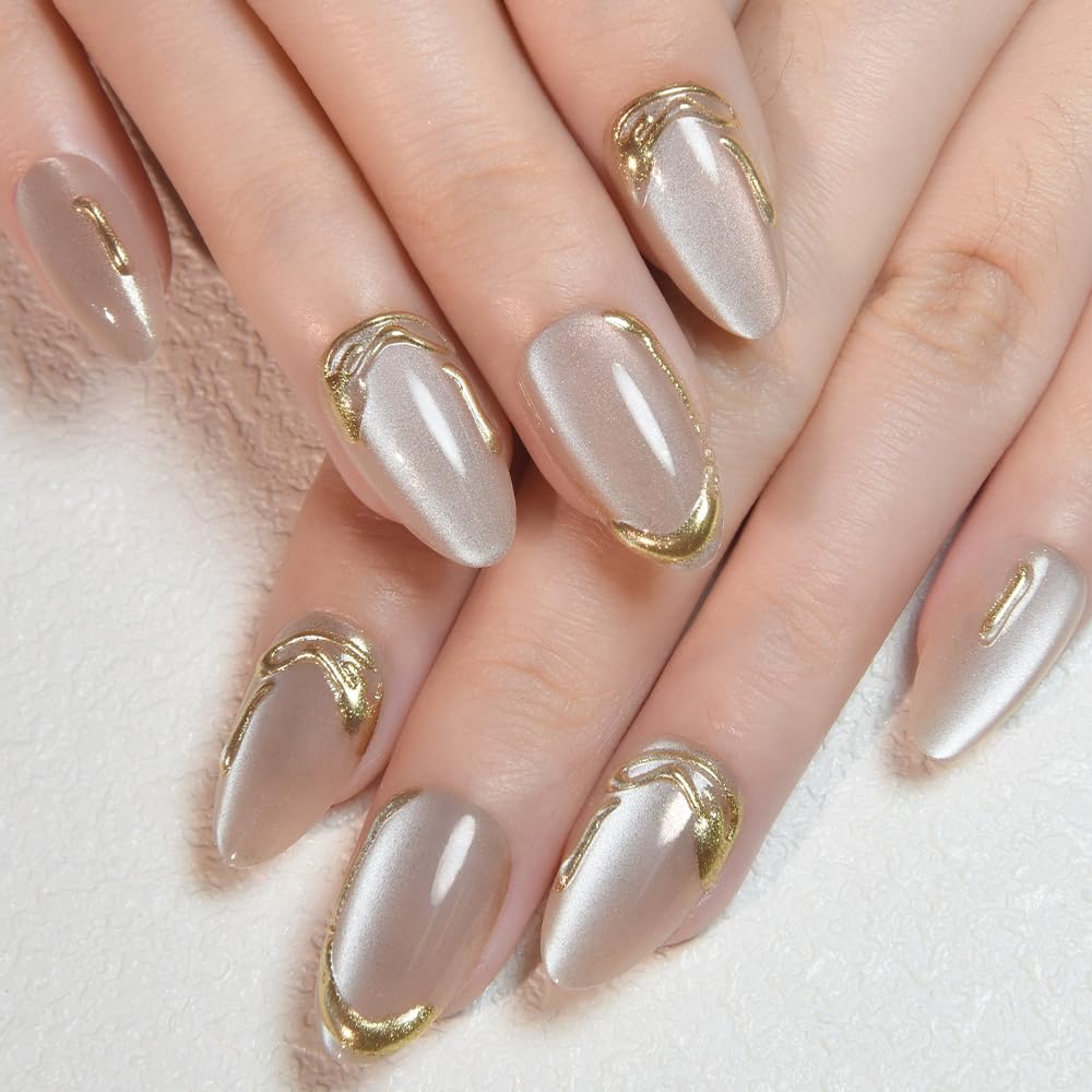 evpct Nude Cat Eye Press on Nails Short Almond with Gold Liner Design, Gold French Tip Stick on Nail for Women Gift with Kit, Reusable Full Cover Soft Gel Press on Fake Nail with Cat Eye Design