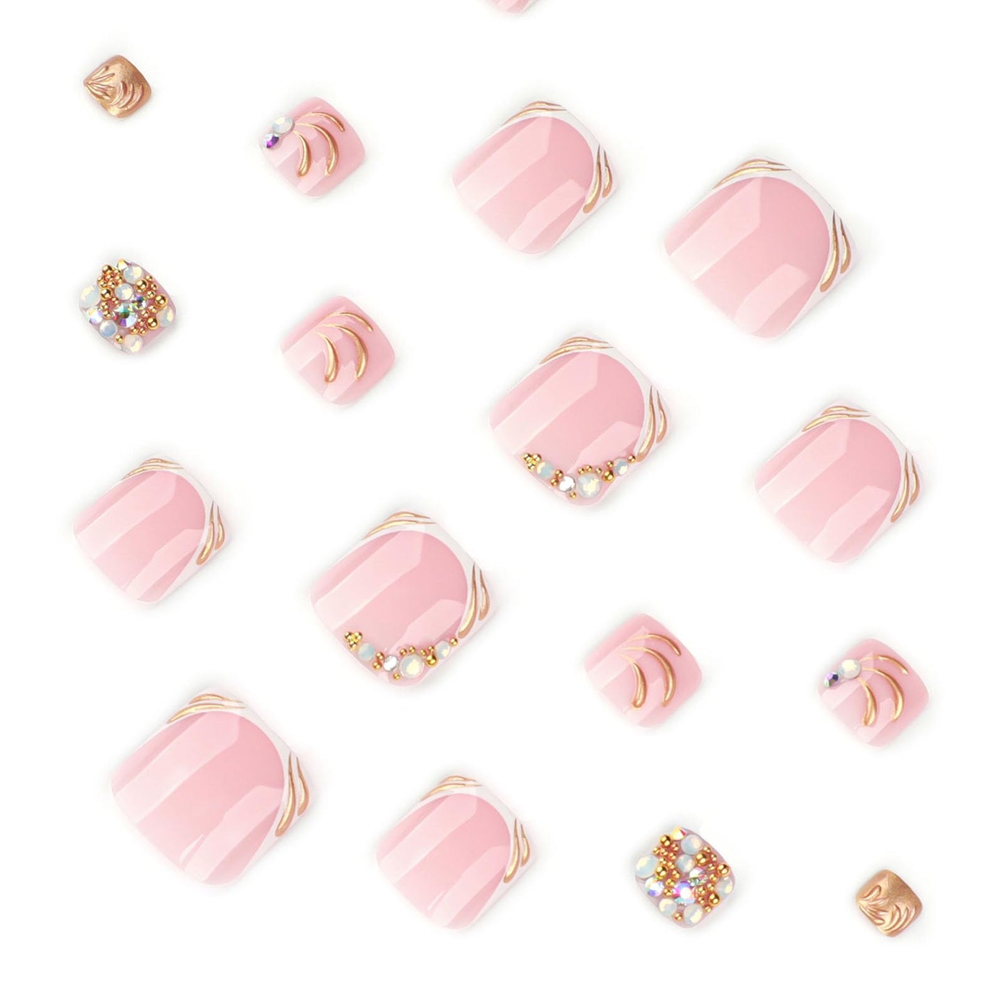 RUOKEXIN Short Press on Toenails French Tip Fake Toenails with Gold Rhinestones Designs Square Toe Nail Press ons Sparkly Artificial Nails for Women 24Pcs