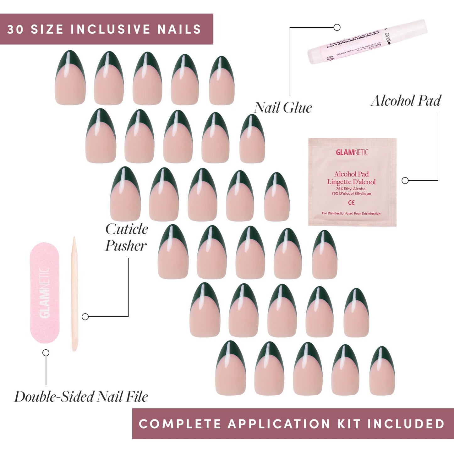 Glamnetic Press-On Nails Bundle - Château & Berry Maroon | Semi-Transparent Dark Green French Tip Short Almond False Nails | Dark Red Short Round Fake Nails | Reusable, Salon-Quality Nail Kits
