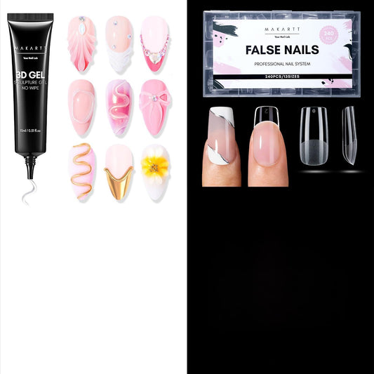 Makartt 3D Gel Nail Art Sculpting Gel Glue for Drawing Molding Bundle with Medium Square Nail Tips Half Matte Clear Fake Acrylic Press On