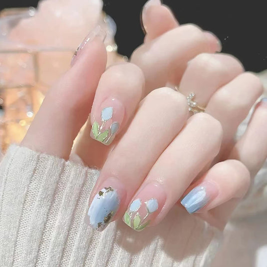 24PCS Full Cover Reusable False Nails Kits, Press on Nail Short Square Glue on Nails with Blue Tulip Flower Designs Artificial Glossy Finger Acrylic Fake Nails for Women Stick on Nails Coffin Shape