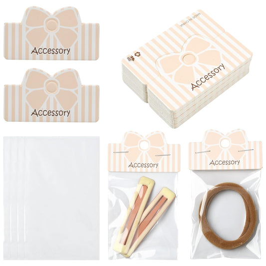 Gelirda 50 Sets Packaging Pouch with Foldable Header Cards Bowknot Printed Paper Cards & Rectangle Cellophane Bags for Jewelry Display