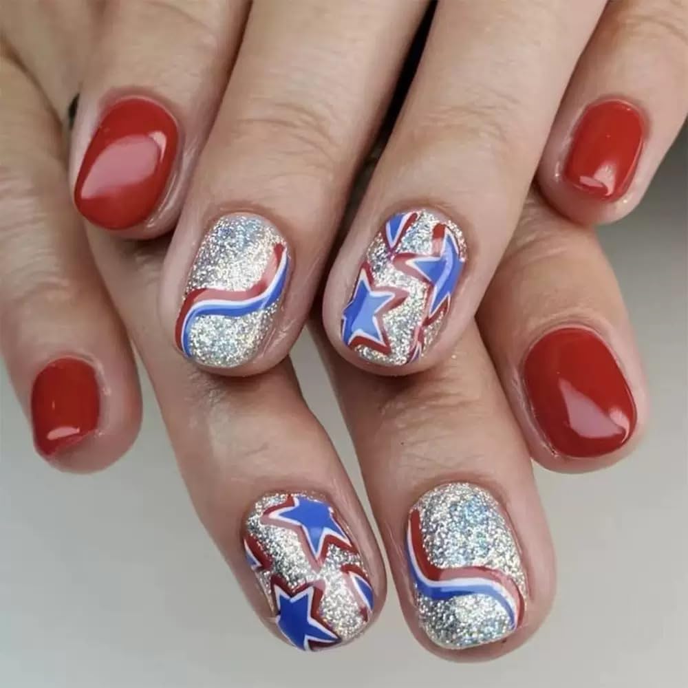 6 Packs (144 Pcs) 4th of July Press on Nails, Short Square Press on Nails, Star Fake Nails Red Blue Independence Day False Nails for Women, Stick on Nails Kit 12 Sizes-6Styles