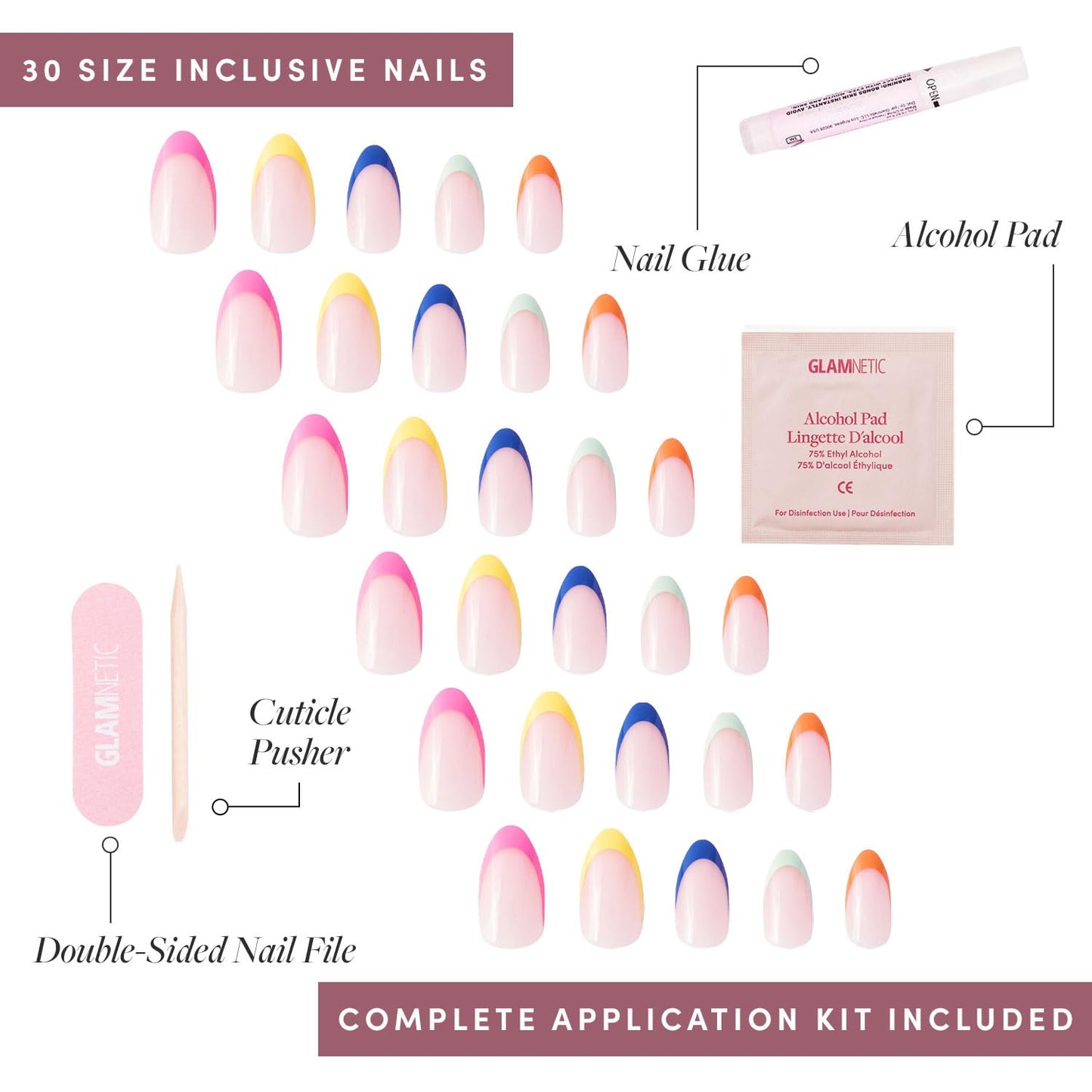 Glamnetic Press-On Nails & Adhesive Nail Tabs - Sprinkles | Glossy Short Almond Rainbow French Tip Nails | 12 Sizes - 24 Nail Kit with Adhesive Tabs