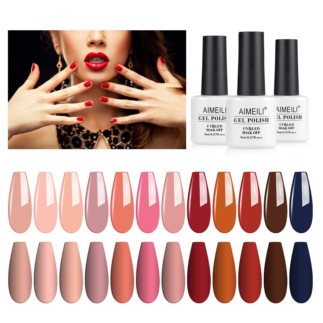 AIMEILI Soak Off U V LED Hema Free Fall Gel Nail Polish Set for Halloween Nail Art Gifts, Cruelty Free, Vegan, Wine Brown Neutral Gel Nail Polish Set Of 12pcs - Kit Set 4