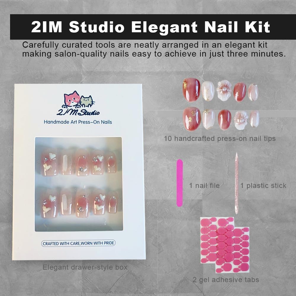 2IM Studio Handmade Press On Nails, Elegant Nude 3D Floral French Tip with Pearl Rhinestones, Almond Medium Length Full Cover Thick Reusable Acrylic Nail Kit for Women 10PCS (Inky Bloom-M)