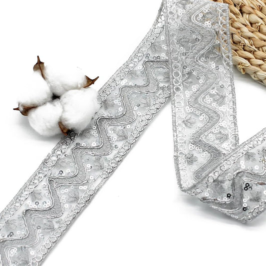 CABODYALS 10 Yards 2 Inch Silver Sequin Lace Trim Beaded Metallic Trim Vintage Sheer Paillette Glitter Embroidery Sequins Edging Ribbon for Sewing Making Craft Wrapping Wedding Christmas Decor Supply