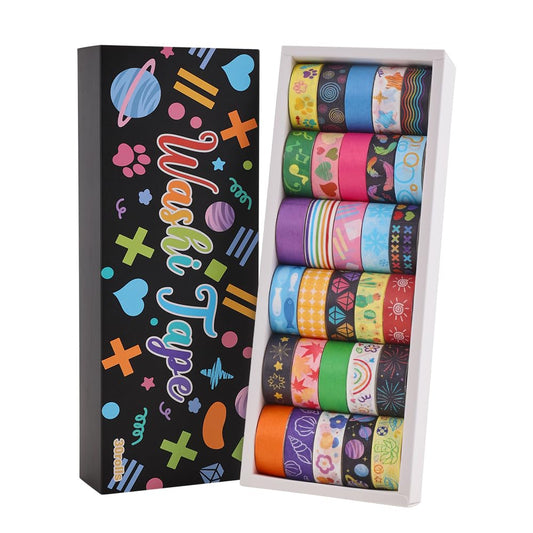 icceemee 30 Rolls Colorful Theme Washi Tape Set with Different Colorful Patterns, Writable Decorative Tapes for Scrapbooking, Junk Journal Supplies, Bullet Journaling, 0.6'' x 79'' per Roll