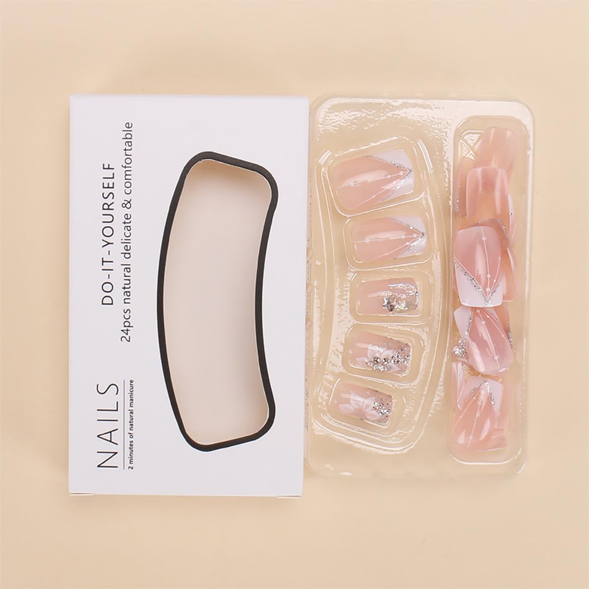 DZPGUONIZ 24pcs Short Square Press on Nails French Tip Fake Nails White Flower with Star Design Glitter False Nails Luxury Nail Charms Crafts White Stripes Glue on Nails for Women Manicure Tips