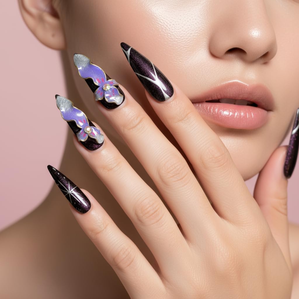 Avilux Press On Nails – Handmade, Reusable, 3D Designer Nail Art, 10Pcs Fake Nails for Women and Girls, Perfect for Holidays, Parties & Gifts (Mystic Orchid Glitter, Medium)