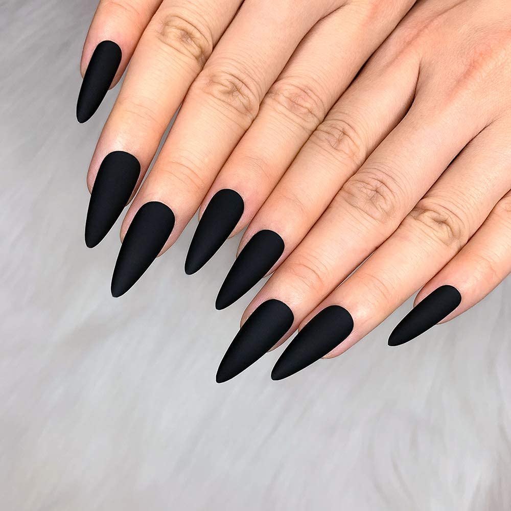Morily Press-On Nails Bundle | Black Stiletto Matte & Hot Pink Stiletto Glossy | 24Pcs Each Set, Medium Length Long False Fake Nails