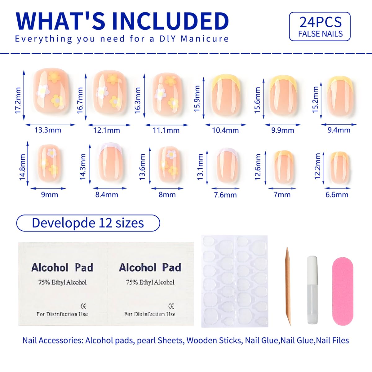 French Tricolor Short Square Press on Nails, fall False Nails with Cute Fflower Pink Design, Glossy Gel Finish Acrylic Nails, Thick Natural Reusable Nail Glue Set For Women, 24 pieces