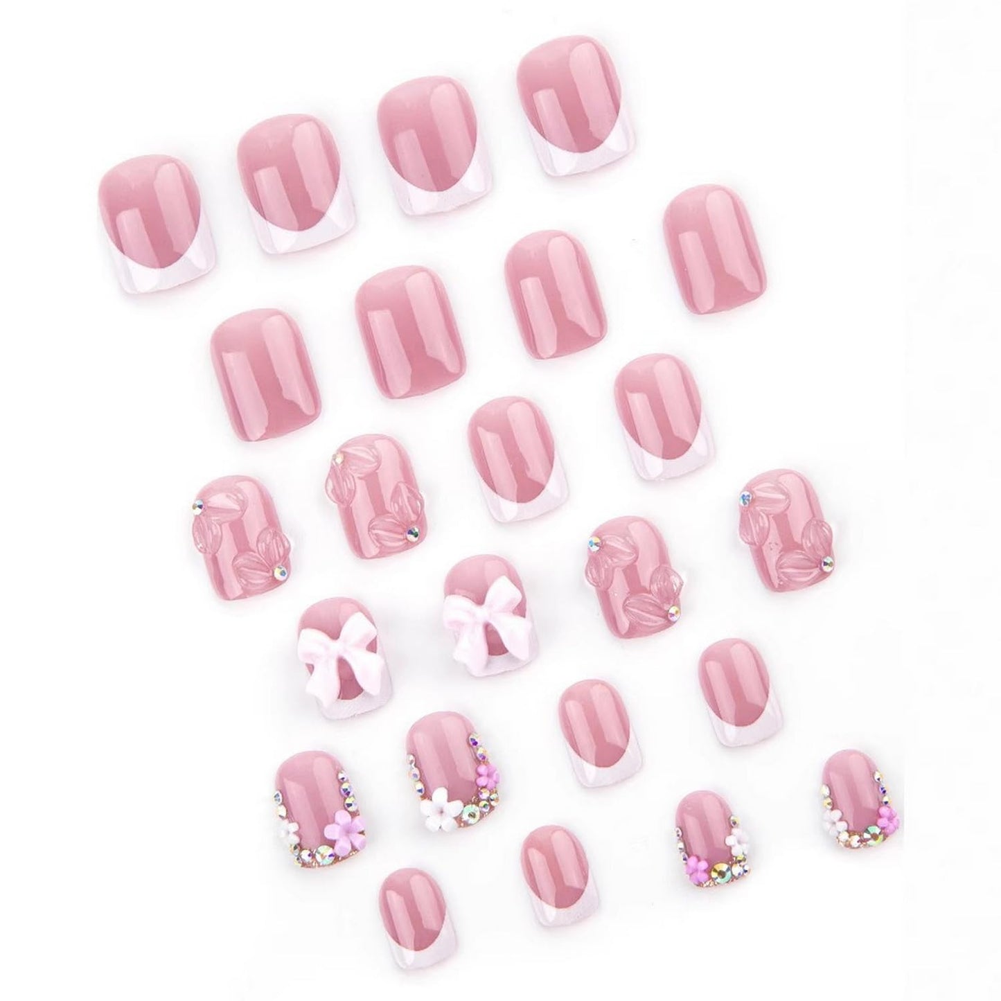 Handmade Press on Nails Short Square Cute French Tip Fake Nails 3D False Nails with Designs Flower Bow Charms Pink & White Glossy Glue on Nails Stick on Nails Acrylic Nails for Women Girls 24 Pcs