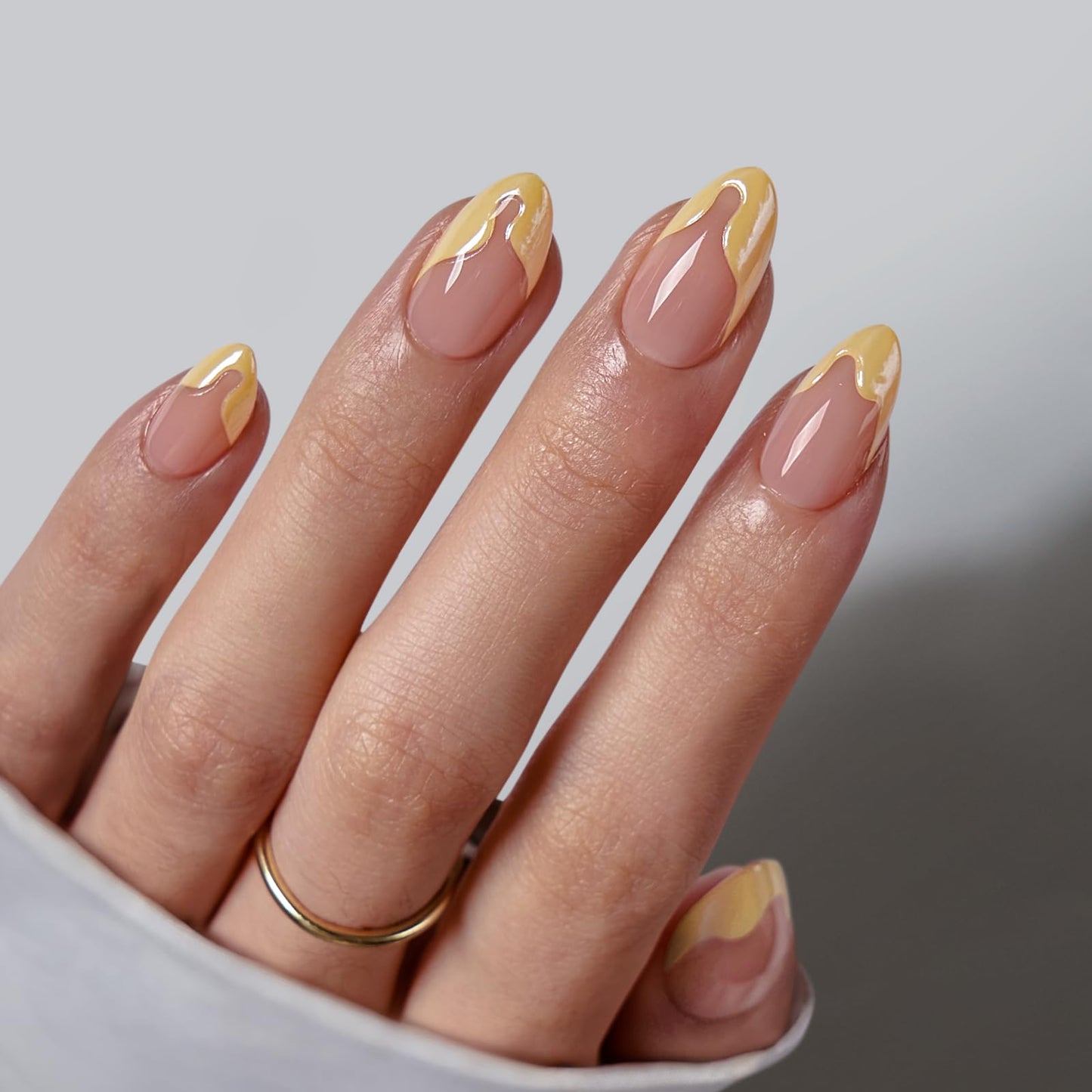 BTArtbox French Tip Press On Nails - Lamp-Curable Short Almond Press On Nails with Glue for Women, Semi-Transparent Soft Gel Glue On Nails in 16 Sizes - 32 Stick On Nails Kit, Lemon Fizz