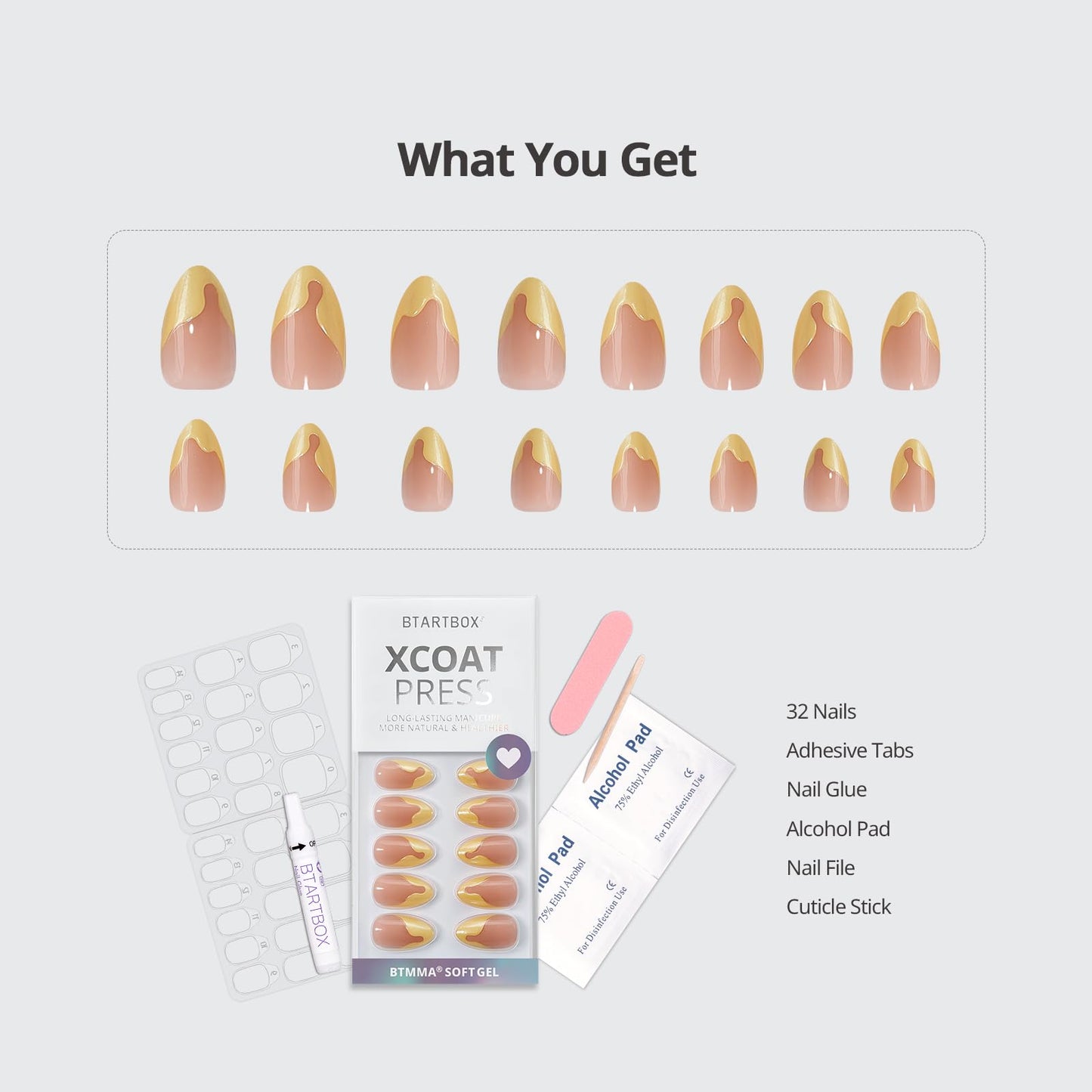 BTArtbox French Tip Press On Nails - Lamp-Curable Short Almond Press On Nails with Glue for Women, Semi-Transparent Soft Gel Glue On Nails in 16 Sizes - 32 Stick On Nails Kit, Lemon Fizz