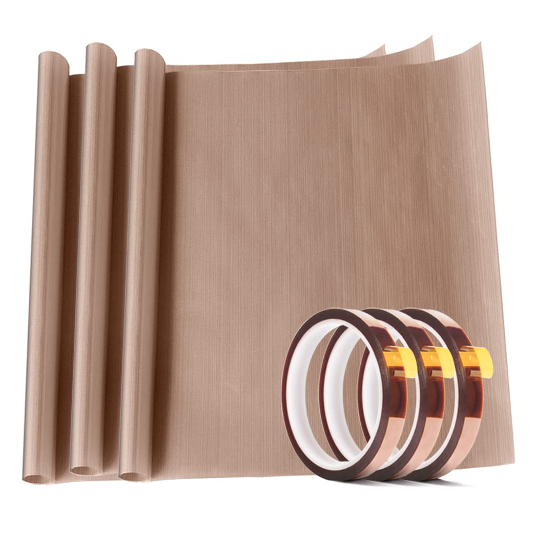 3 Pack PTFE Teflon Sheet 12 x 16" and 3 Rolls 10mm X 33m Heat Resistant Sublimation Thermal Tape for Heat Press Transfer,Non Stick Paper Reusable Craft Mat,Protects Iron,for Machines