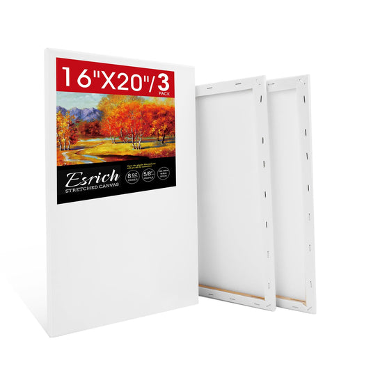 ESRICH Stretched Canvas for Painting 16x20 Inch, 3Pack Large Canvas for Painting, Triple Primed Acid-Free Cotton Blank Canvases for Oil, Acrylic, Watercolor & Gouache for Paint Parties, Art Classes