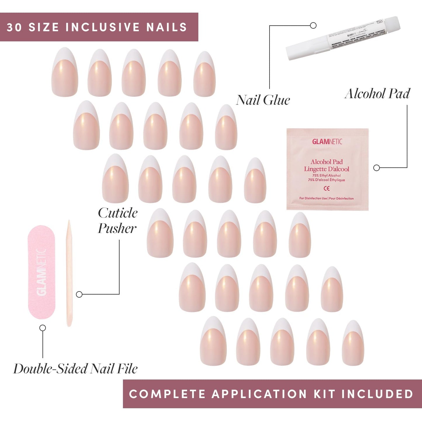 Glamnetic x GLAMZILLA Press-On Nails Bundle - GIVE 'EM GRACE & Berry Fizz | Short Almond Fake French Tip Nails with Gold Glaze | Short Oval Magenta Nails with a Metallic Finish | Nail Kit with Glue an