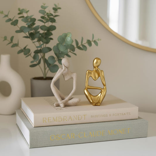 4 Pcs Decorative Books & Thinker StatueSet - Linen Boxes & Resin Sculptures Enhance Your Coffee Table, Bookshelf or Mantle Decor - Living or Entryway Home Decoration Aesthetic, Photo/Keepsake Storage