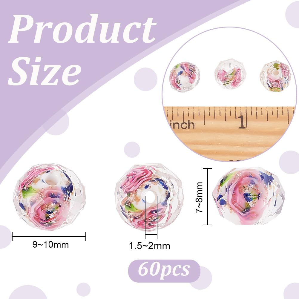 PH PandaHall 60pcs 9~10mm Rose Lampwork Beads Gold Sand Glass Beads Handmade Flower Glass Beads Round Loose Beads for Rosary Making Jewelry Craft Making with 1.5~2mm Hole - White