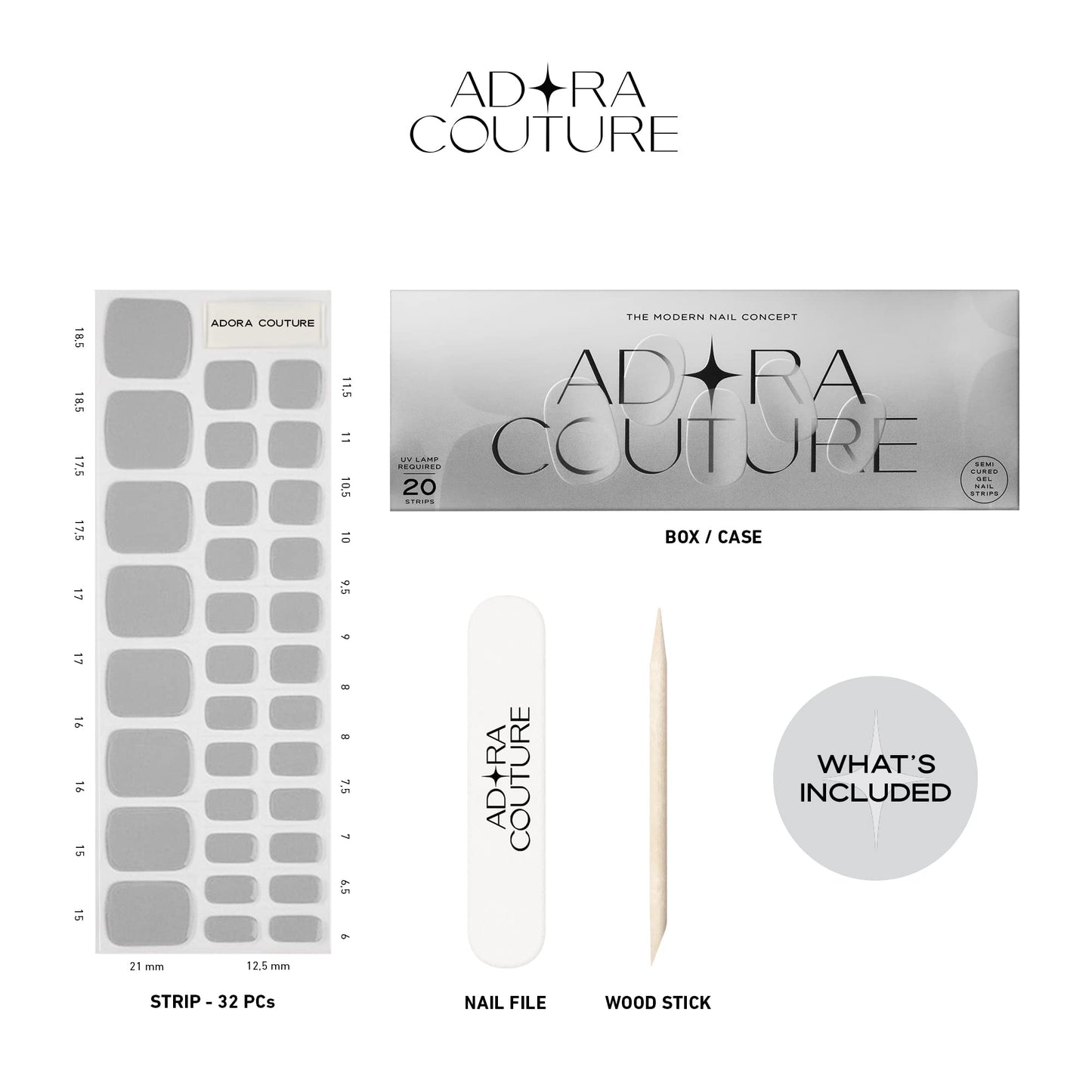 Adora Couture Semi Cured Gel Nail Strips - 32 pcs Gel Pedicure Stickers, Easy to Apply & Remove Toenail Stickers, Salon Quality At Home & Long Lasting - UV Nail Lamp Required - Black P