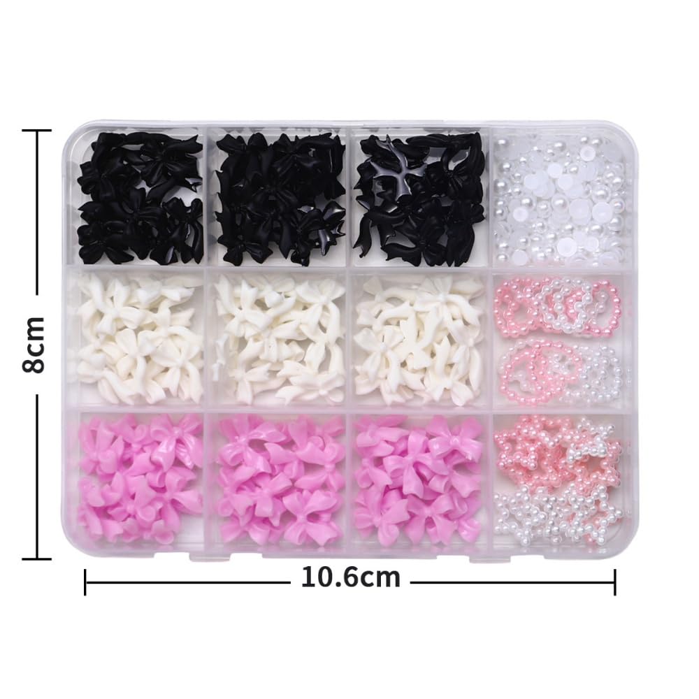 Bow Nail Charms 3D Resin Pink Pearl Circle Nail Gems Cute AB Crystal Clear Bowknot Nail Jewels Star Rhinestones Nail Art Supplies for Women DIY Acrylic Nail 12 Grids 1 Box 12 Styles