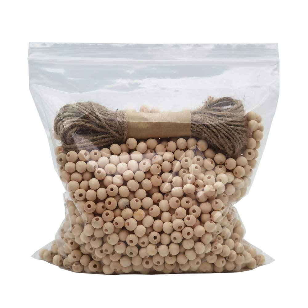INSPIRELLE 1800pcs 8mm Natural Wood Beads Unfinished Round Wooden Loose Beads Wood Spacer Beads with 10M Jute Twine for Craft Making Home Decoration