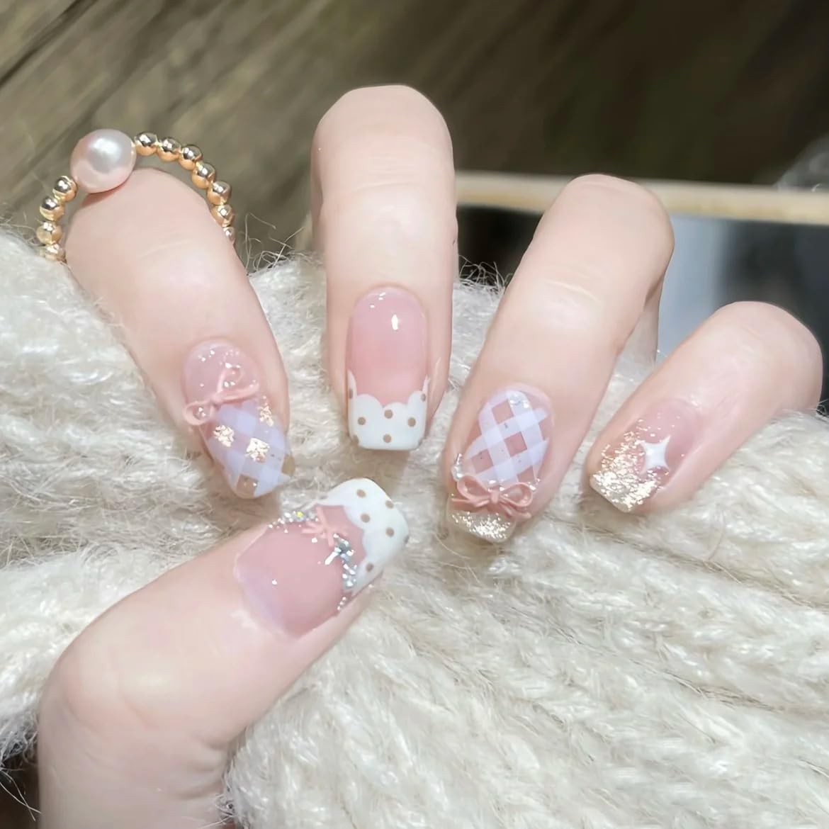 TENPAL 10Pcs Y2K Short Medium Coffin Press On Nails With Tools Kit,Light Pink Cat Eye French Fake Nails with Dot Bow Plaid Pattern,K-Beauty Acrylic Glue on Nails for Wedding Party Daily Wear(L)