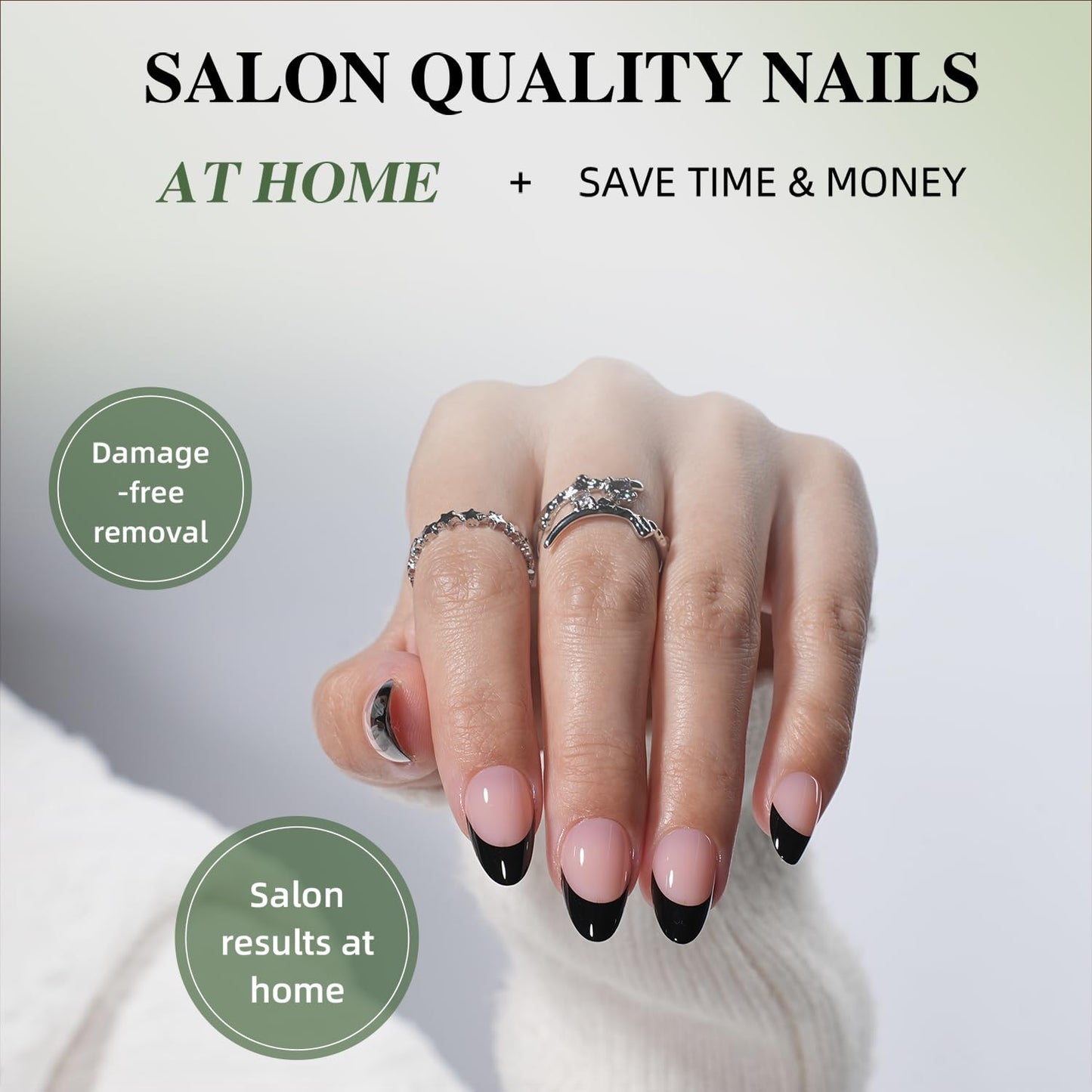 Black French Tip Press On Nails - Black Short Almond Fake Nails, French Tip Press On Nails Reusable Stick On Nails in 16 Sizes, 32pcs False Nail Kit for Women & Girls
