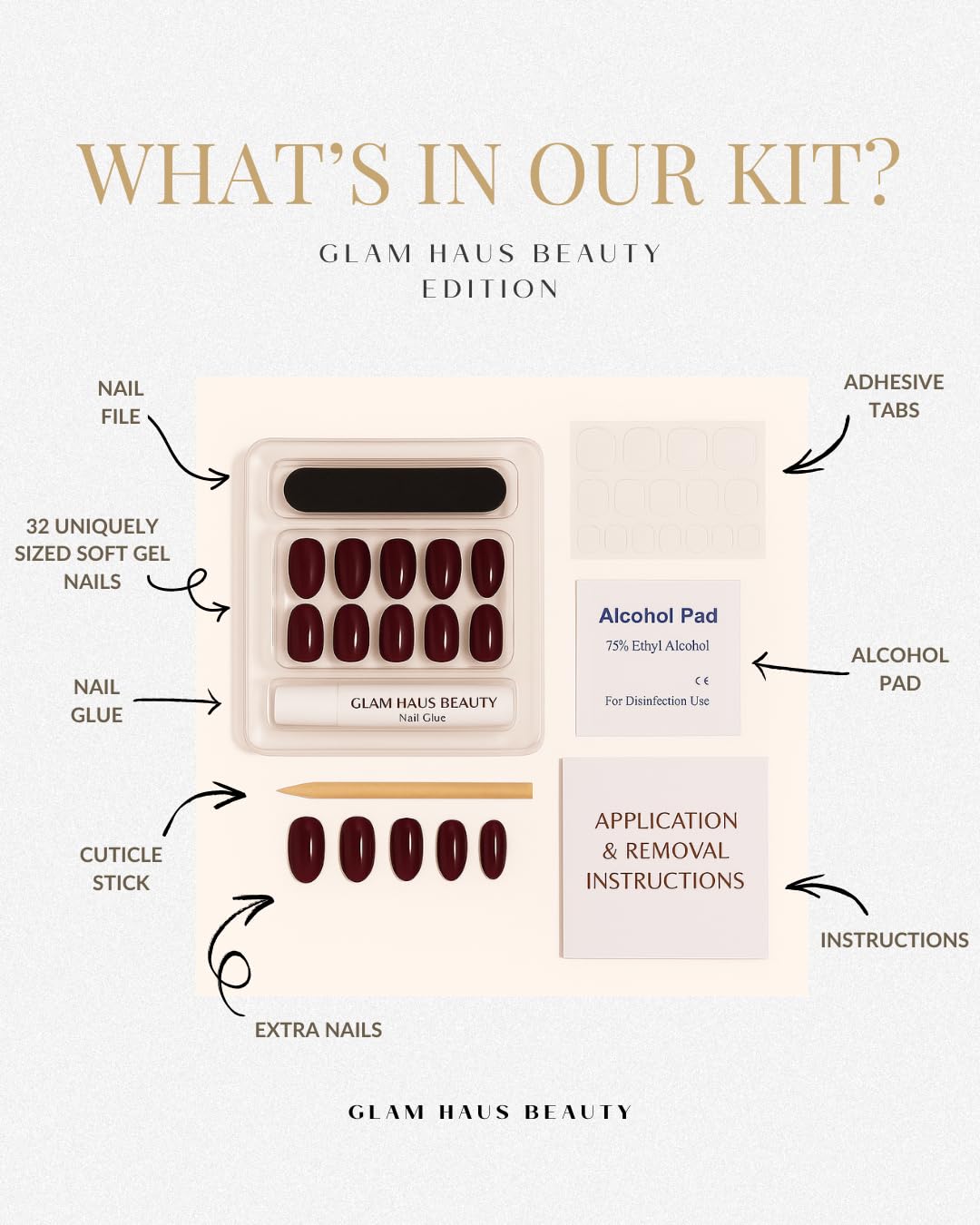 Glam Haus Beauty Press On Nails Cloud 9 | Short Oval Off-White Glossy Finish Salon Quality | 16 Sizes - 32 Nail Kit with Glue & Adhesive Tabs