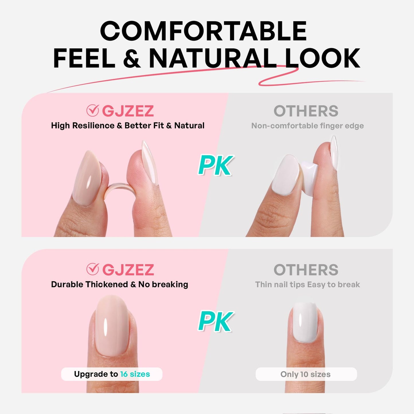 Milky White to Pink French Tip Press on Nails - GJZEZ Soft Gel Medium Almond Ombre Gradient Fake Nails with Gold Line | 16 Sizes - 32 Pcs Reusable Salon Perfect Faux Nail Gifts for Women, Glossy Gild